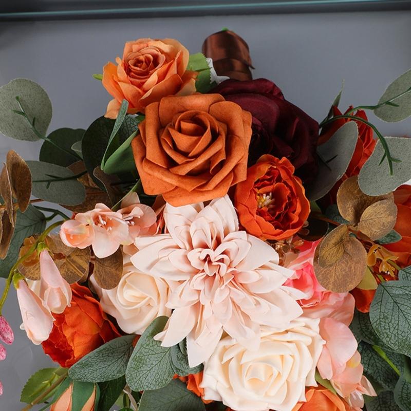 Realistic Caramel Bridal Bouquets Artificial Roses Fall Wedding Decoration Handmade Silk Flower For Home Elegant Party