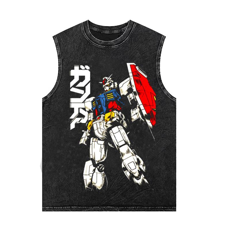 Anime Gundam Men's Tank Tops Printed Summer Women's Gym T Shirts Oversized Vintage Washed Vest Sleeveless Shirt Y2k Clothes
