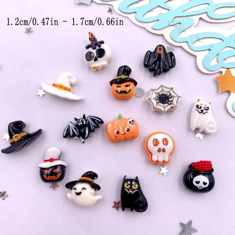 30pcs Resin Mini Colorful Painted Bat Pumpkin Skull Ghost Cat Figurines Flat Back Scrapbook DIY Halloween Decor  Nail Art M439 F