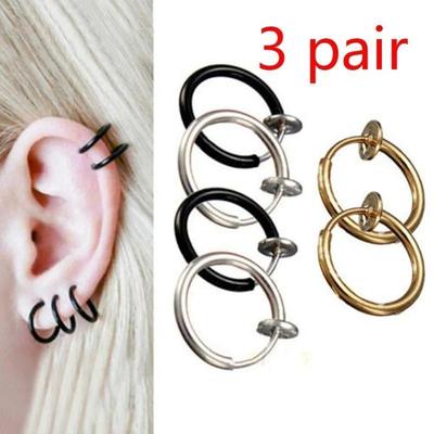 3 Paires Cadeaux Mode Créatifs Faux Anneau Nez Lèvres Boucle d'Oreille Créole Clip à Ressort Unisexe Piercing Septum Accessoires Décoration