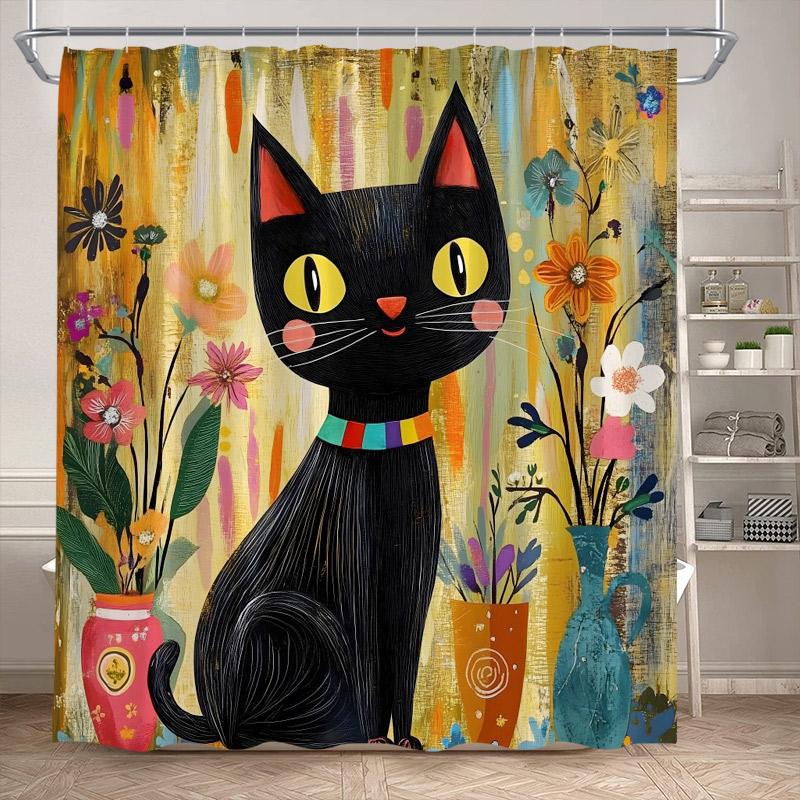 Funny Black Cat Shower Curtains Cute Animal Pet Floral Vintage Painting Art Modern Fabric Home Bathroom Decor Bath Curtain Set