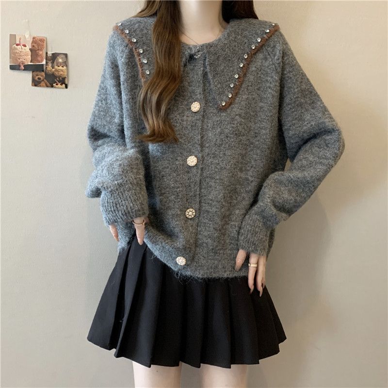 Women's Korean Style Casual Doll Collar Sweater Jacket Loose Beaded Sweater Cardigan Top