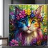 1pc Bright Floral Cat Shower Curtain - Polyester, Machine Washable, Colorful Digital Print with Hooks, Fashionable Home Decor