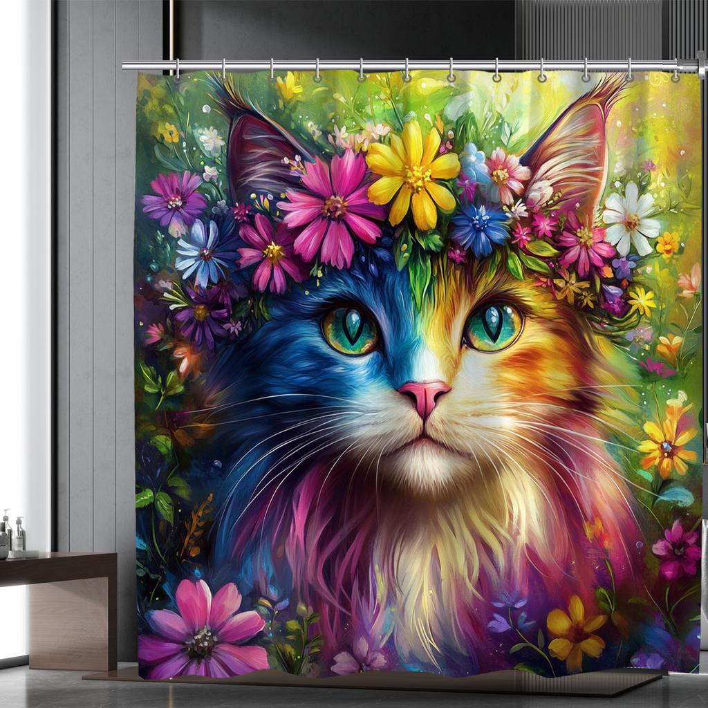 1pc Bright Floral Cat Shower Curtain - Polyester, Machine Washable, Colorful Digital Print with Hooks, Fashionable Home Decor