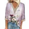 Women's Loose Casual Three-quarter Sleeve V-neck Lace Loose Christmas Print T-shirt Top