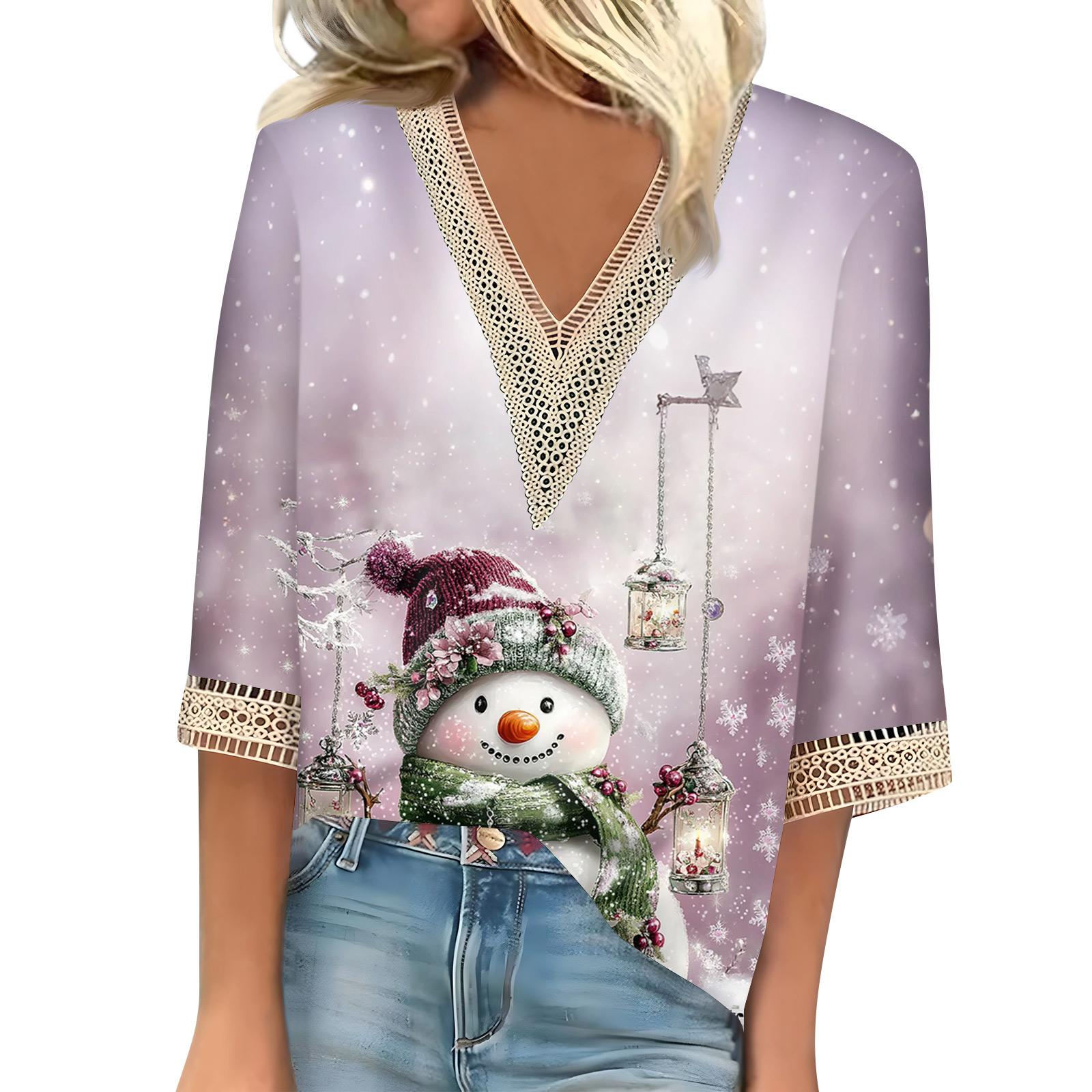 

Women s Loose Casual Three-quarter Sleeve V-neck Lace Loose Christmas Print T-shirt Top L
