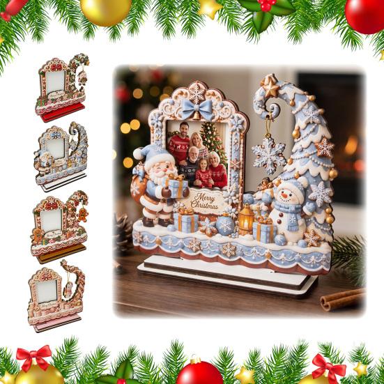 Wooden Craft Decor Christmas Photo Frame, 2D Picture Holder with Santa Snowman & Decorative Snowflake Pendant, Family Display Frame for Home