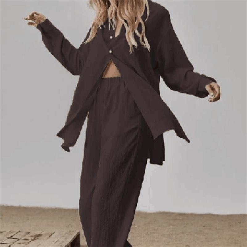 Jarní Elegantní Volný Módní Jednobarevný Outfit Dámské Košilové Obleky Dlouhý Rukáv Klopový Límec Košile A Elastické Kalhoty s Vysokým Pasem 2dílný Set