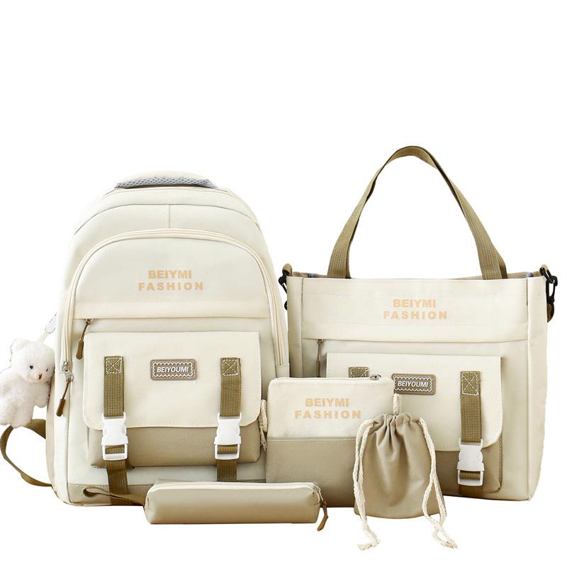 

New high-value simple contrasting colors high school students college students backpack fashion five-piece backpack Favorite plus purchase free pendant