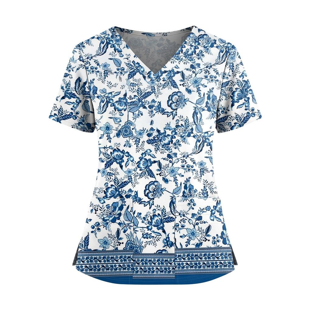 Women's Fashionable Printed V Neck Double Pocket Short Sleeved Shirt With Slit Hem Uniform And Worker Top