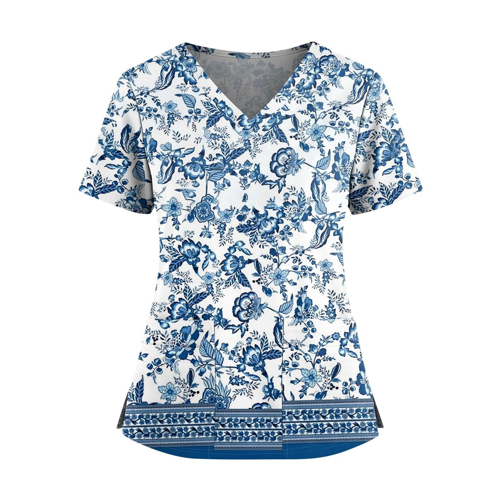 

Женская модная рубашка с принтом, V-образным вырезом, двойным карманом, короткими рукавами и разрезами по подолу, униформа и рабочая блузка S синий