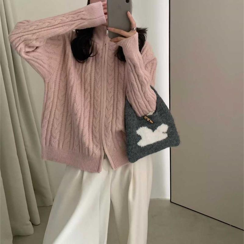 Retro twist knitted cardigan for women's autumn and winter new lazy wind double zipper stand-up neck sweater jacket for women