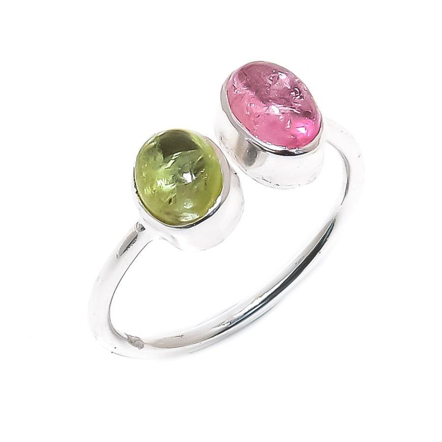 Natural Green Pink Tourmaline Gemstone 925 Sterling Silver Ring Adj. Size 6US Gift