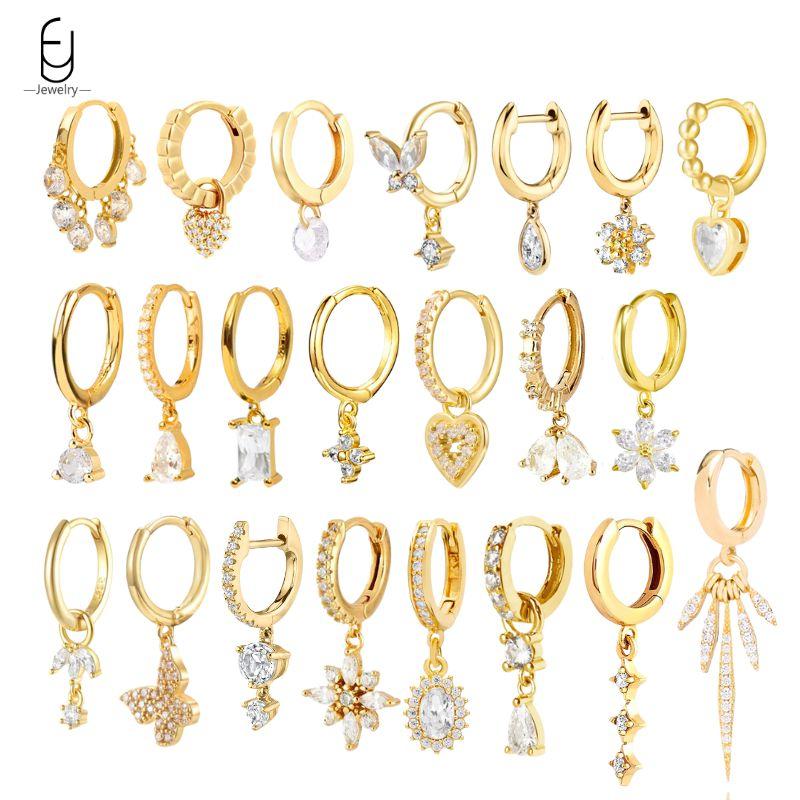 925 Silver Ear Needle White Crystal Gold Earrings for Women Luxury Water drop/Heart/Flower Pendant Earring Fine Jewelry