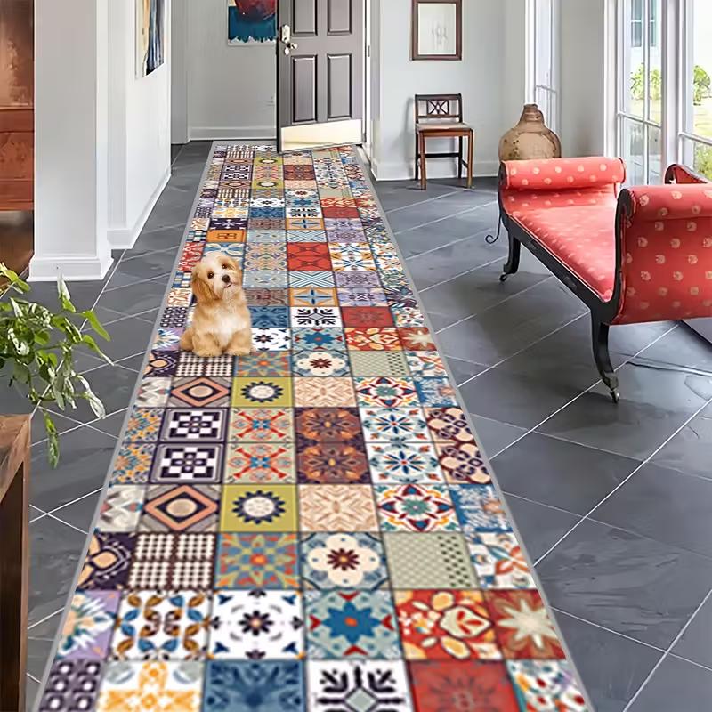 Modern Red Geometric Runner Carpet Black White Diamond Pattern with Gold Border Minimalist Hallway Floor Mat Home Decoration