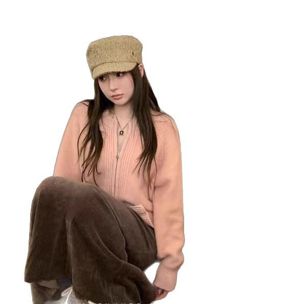 2025 Autumn Winter Pure Wool Double Zipper Women's Round Neck Fluffy Loose Knit Sweater