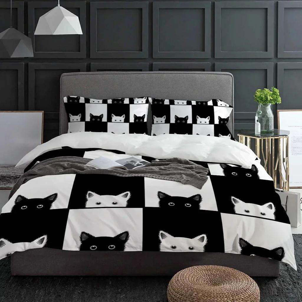 Geometic Black White Plaid Cat Duvet Cover With Pillow Case Custom 3pcs Bedding Set Quilt Cover Double Bed Home Textile