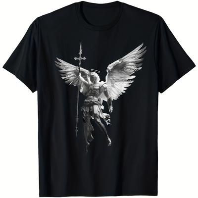 Camiseta San Miguel Arcángel con Lanza y Cruz 100% Algodón Cuello Redondo Manga Corta Verano Casual Camiseta para Hombre Streetwear