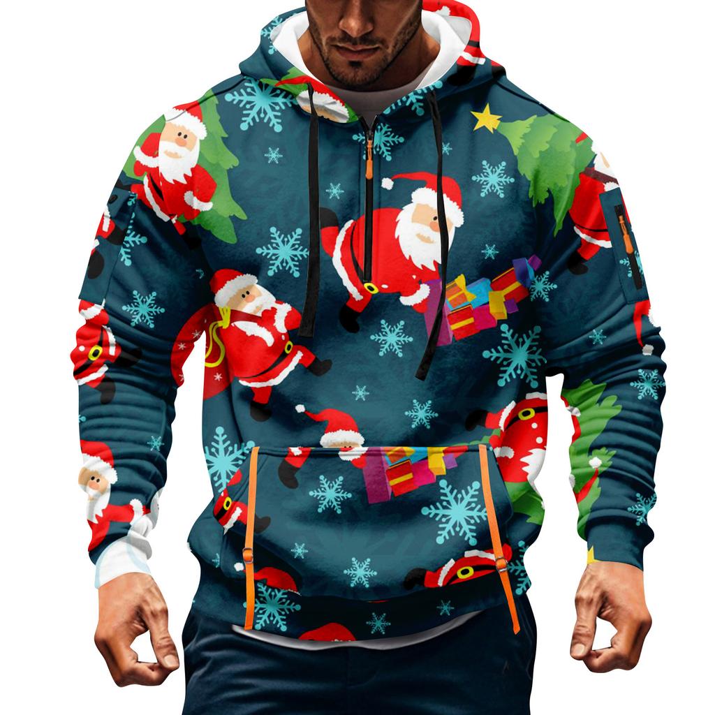 Sudadera deportiva casual de media cremallera con capucha y estampado navideño para hombre