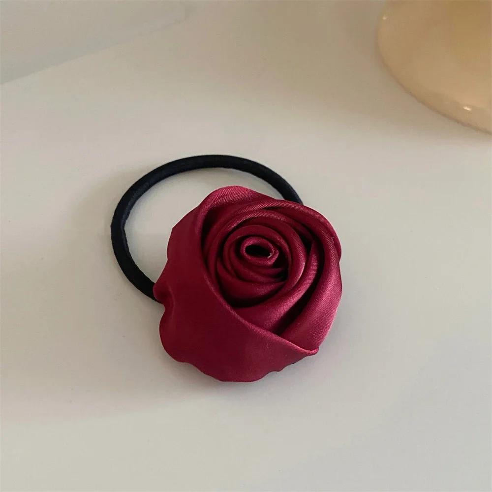 5 Colors Satin Hair Tie Rope Women Fashion Rose Flower Hair Rubber Bands Scrunchies Korean Elastic Hair Accessories Headwear