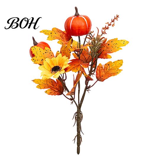 Seasonal Fabric Flower Bouquet Artificial Fall with Pumpkins Maple Leaves Wheat Berries, Faux Autumn Home Decor for Thanksgiving Centerpieces, Floral