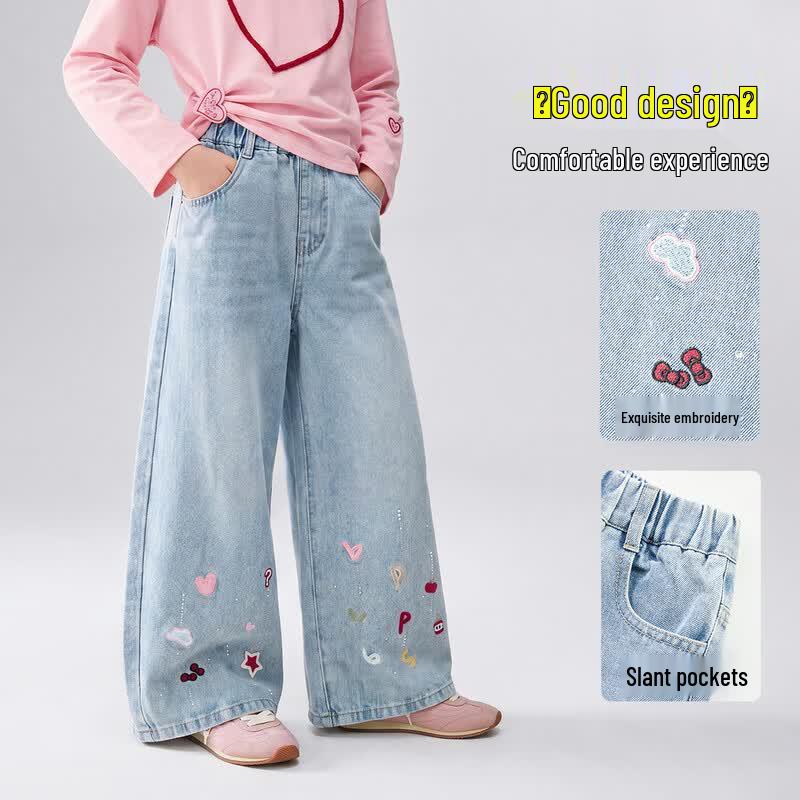 ASK JUNIOR Girls' Retro Washed Embroidered Denim Pants