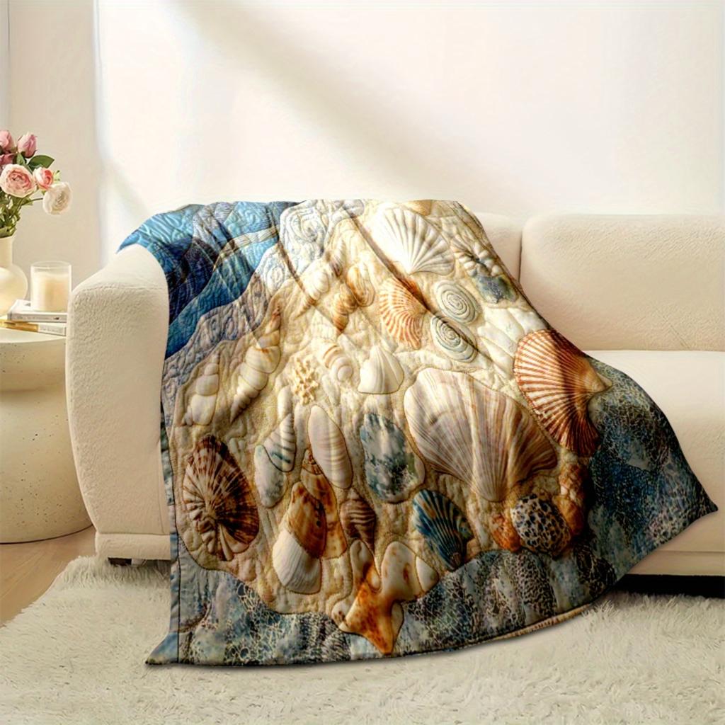 Coastal Ocean Print Blanket, Vintage Seashell Wave Pattern Flannel Throw for Beach Theme Home Decor & Gift