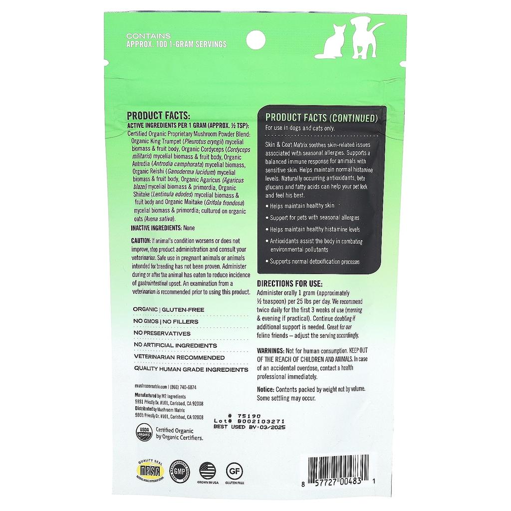 Skin & Hair, Certified Organic Mushroom Powder, For Cats & Dogs, For 25Lb Pets, For Dogs & Cats, 100G (3.5Oz)