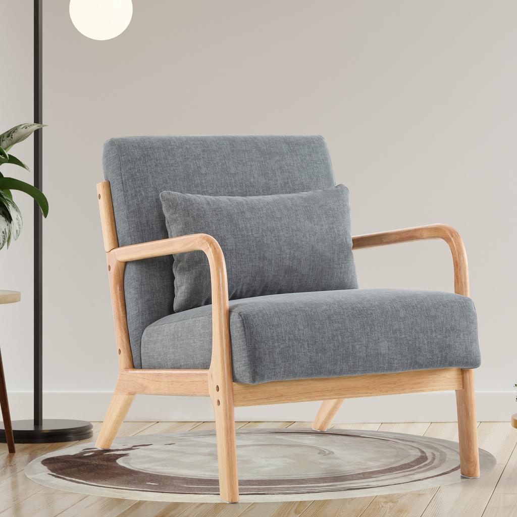 Reading Chair,Mid Century Modern Accent Chairs,Living Room Chair with Pillow,Upholstered Armchair Darkgrey