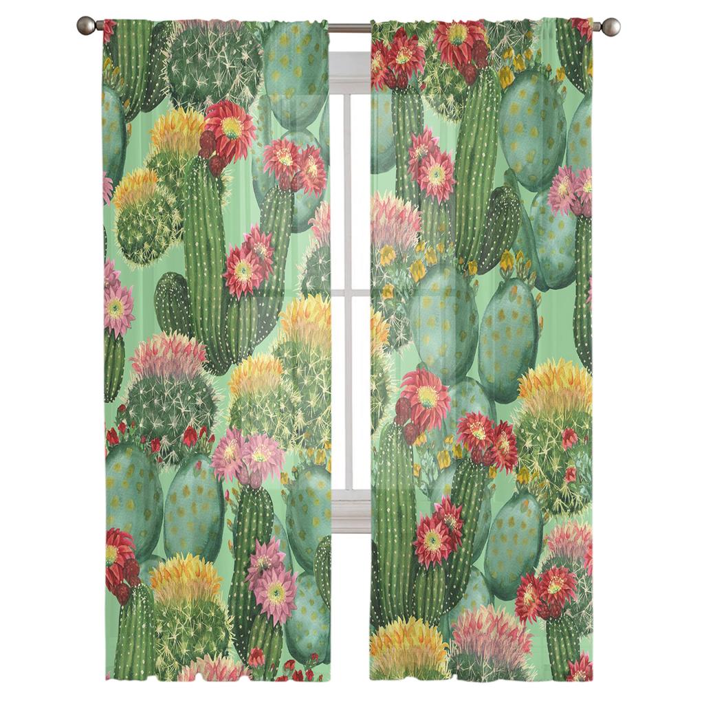 Cactus Plant Flower Watercolor Painting Tulle Curtains For Bedroom Modern Voile Curtains Home Decoration Window Curtains