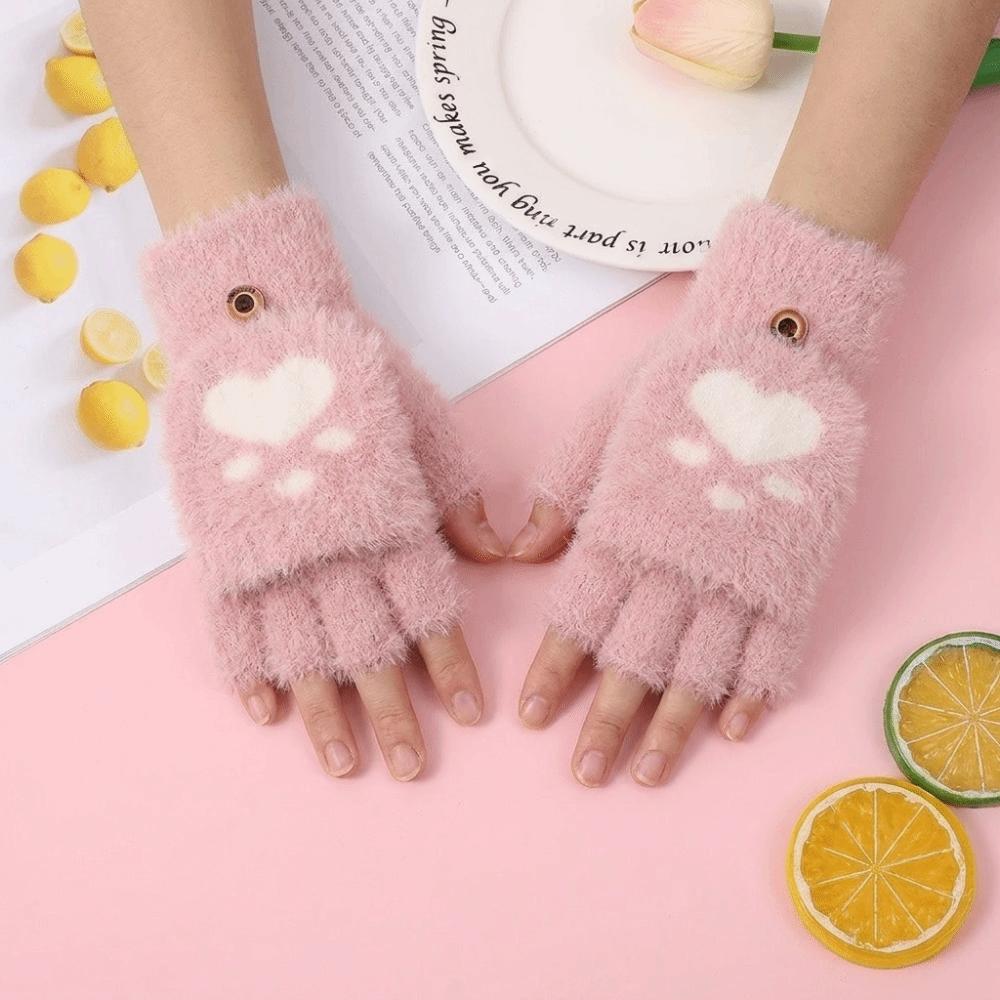 Thicken Cat Paw Gloves Soft Warm Plush Mittens Cartoon Style Half Finger Gloves Adults