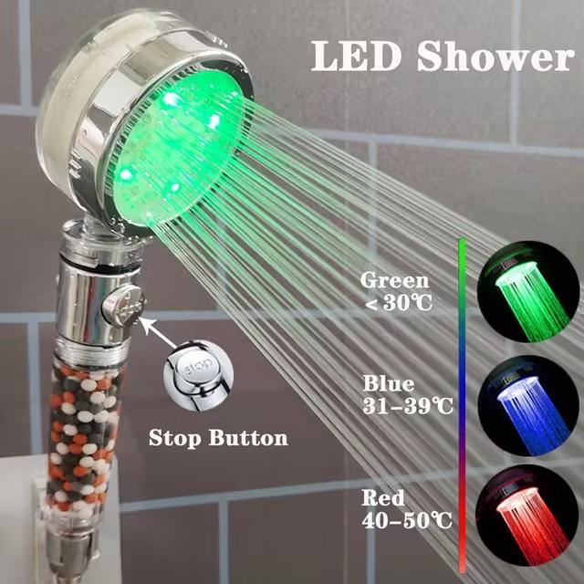 Soffione Doccia LED Anionico Pioggia SPA Controllo Temperatura Soffione Doccia Pressurizzato Risparmio Idrico 3/7 Colori Portatile Bagno Doccia