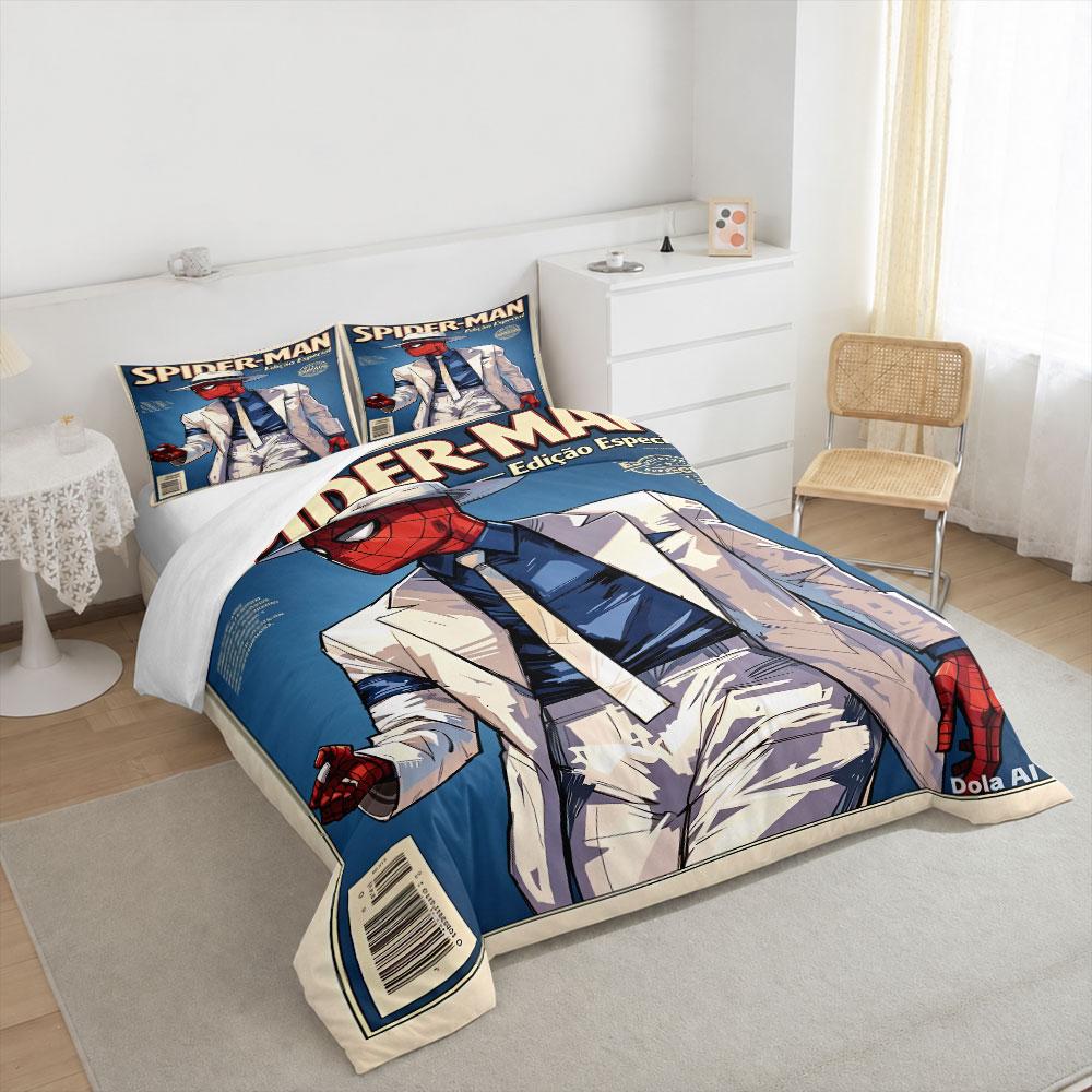 Spider-Man Special Edition White Suit Bedding Set, Blue Noir Comic with Fedora, Marvel Duvet Cover