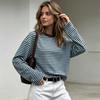 Lockeres Rundhals-Streifen-T-Shirt Damen Vintage Kontrast Langarm-Oberteil Lässig Frühling Herbst Mode Einfache T-Shirts Damen Basic Süße Kleidung
