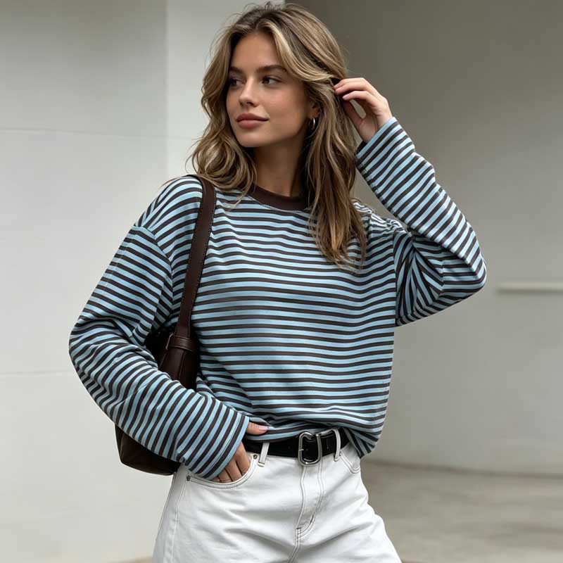 Lockeres Rundhals-Streifen-T-Shirt Damen Vintage Kontrast Langarm-Oberteil Lässig Frühling Herbst Mode Einfache T-Shirts Damen Basic Süße Kleidung