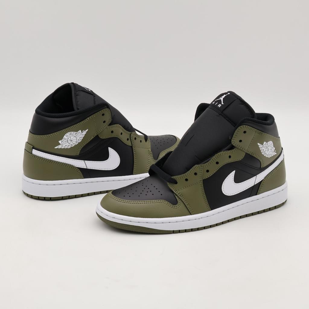 DQ8426-092 Nike Air Jordan 1 Mid Negro Verde Oliva Medio Vela Blanco (De hombre)
