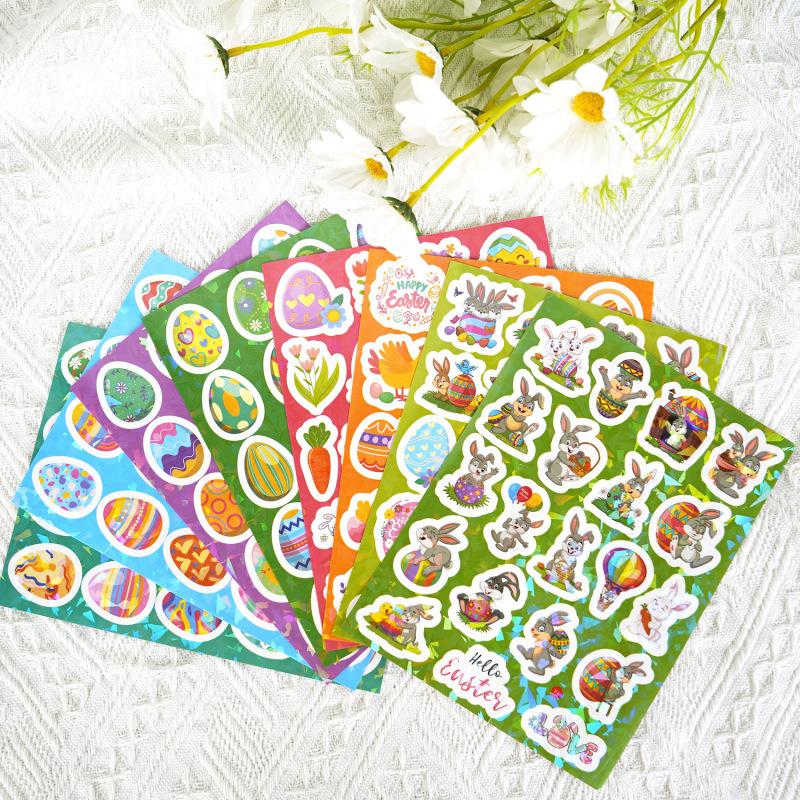 160pcs Easter Bunny & Egg Stickers - 8 Sheets Holographic Vinyl Decals for Youngsters, Party Favors, and Holiday Decorations