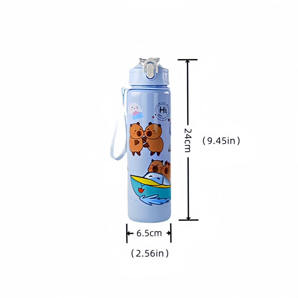750ML Cute Capybara Cartoon Straw Water Bottle Leakproof Portable with Woven Carry Rope for Camping Picnics Kids Water Cup