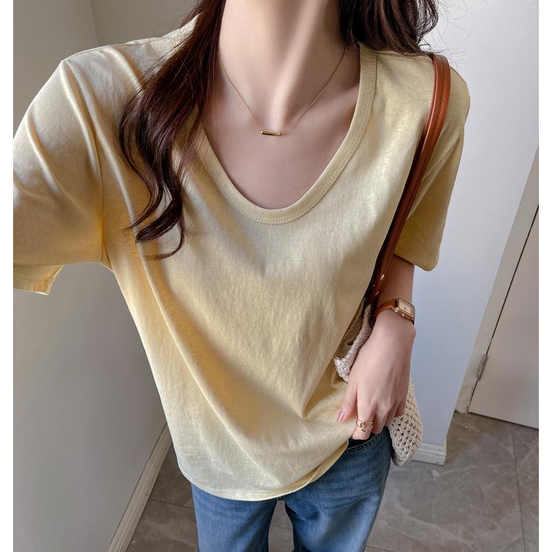 Snowflake Cotton Korean Version Women's Clothing V-neck Loose Front Shoulder Short-sleeved T-shirt Women's High-end Sense Lazy Wind Wear Solid Color C