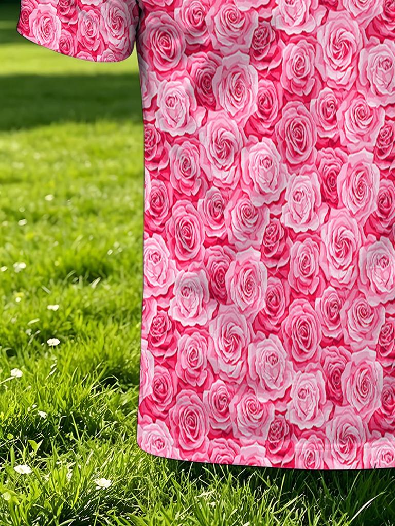 Men's Polo Shirt with All-Over Powder Gradient Blooming Rose Dense Floral Print, Smooth Top for Dates, Beach, and Vacation
