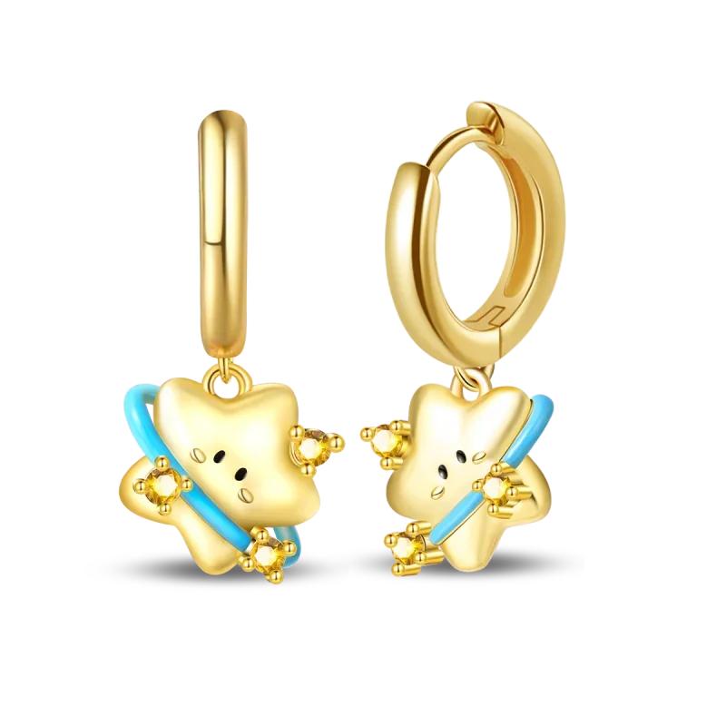Original New In 925 Silver Gold Star And Moon Pave Colored Zircon Earrings For Women Trending Fashion Jewelry Birthday Gift