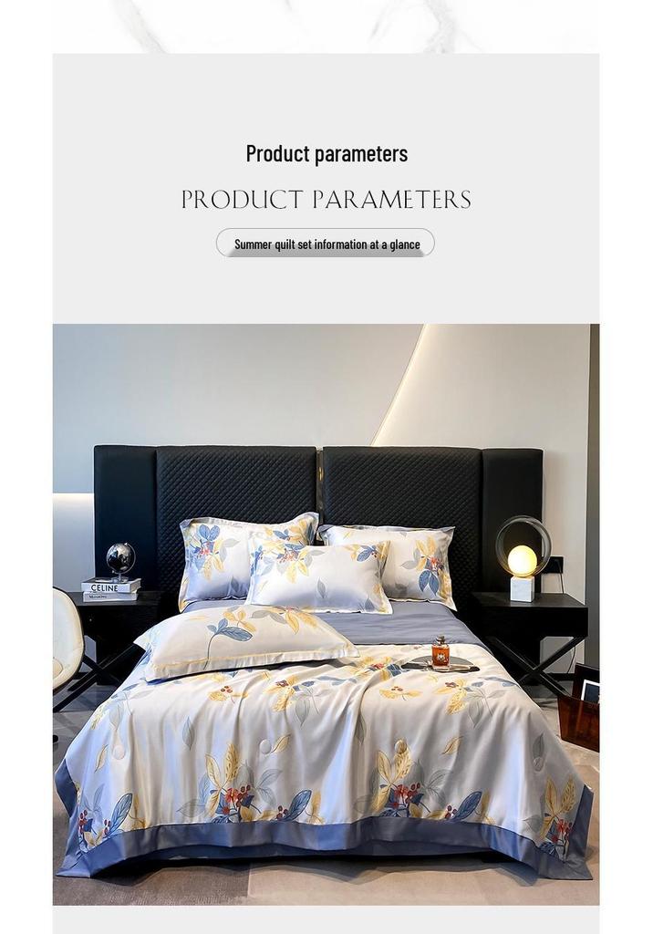 Printed Tencel Summer Quilt 4-Piece Set - Cooling Ice Silk for Naked Sleep, Smooth Gift Quilt
