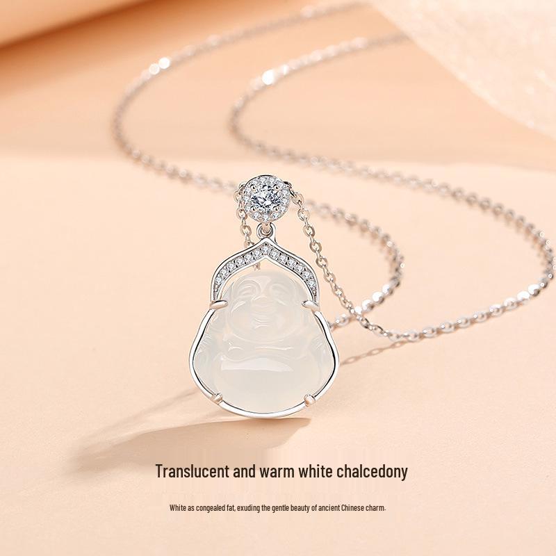 Tichiya Chalcedony Maitreya Buddha Necklace for Women - 925 Sterling Silver Chinese Style Pendant 925 Sterling Silver