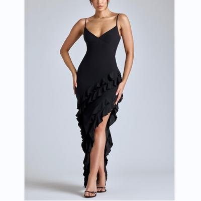 European and American Sexy Women's Clothing New Sleeveless Suspender Dress Slim Ruffle Hem Slit