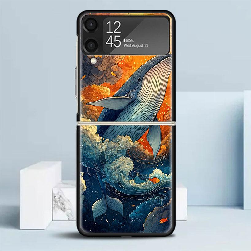Humpback Whale Sea Giant Black Cover for Samsung Galaxy Z Flip 7 6 5 4 3 5G Phone Case Flip7 Flip6 Flip5 Flip4 Flip3 Pattern Cas
