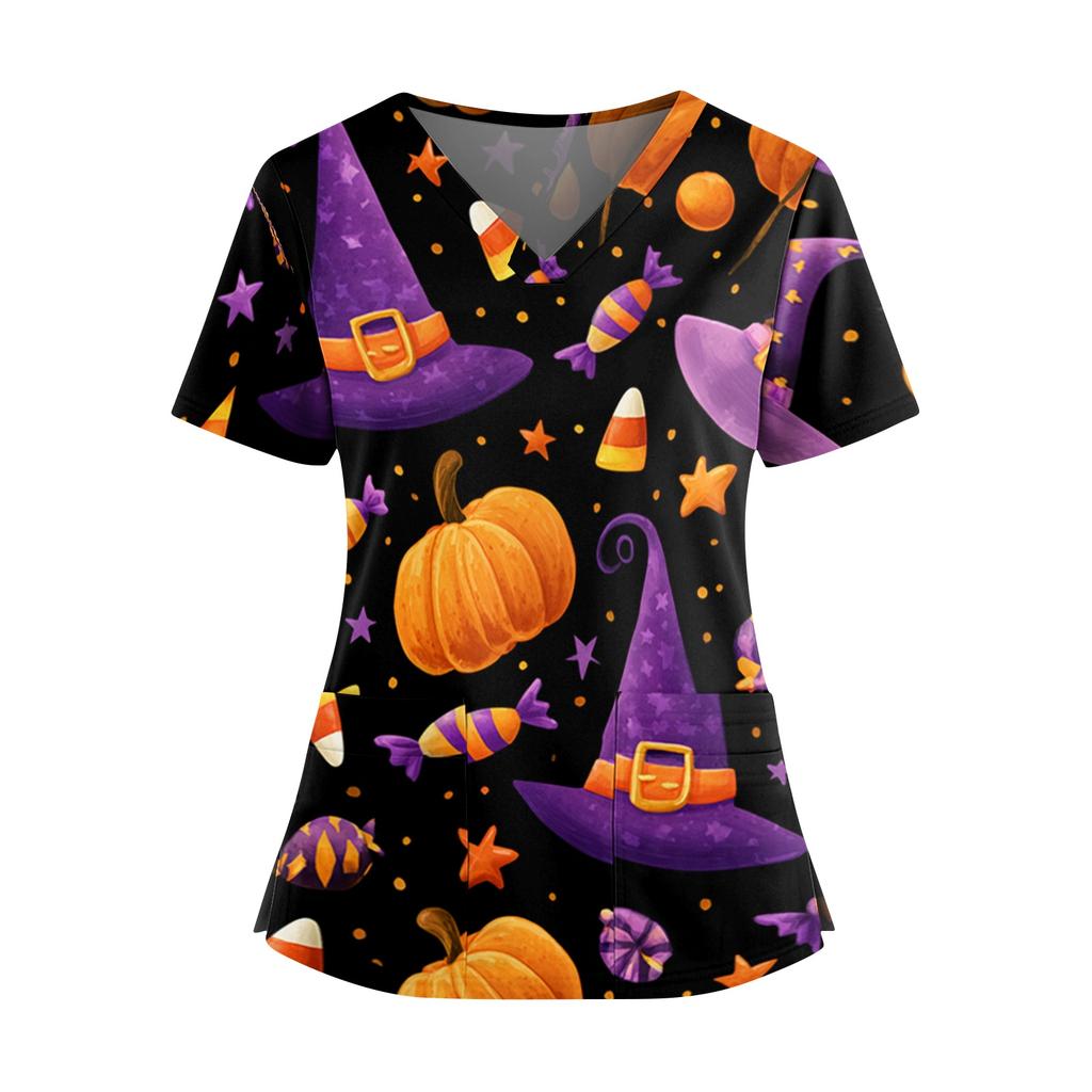 Women V Neck Short Sleeve Top with Dual Side Slits and Pockets Halloween Themed Printed Shirt for Professional Use