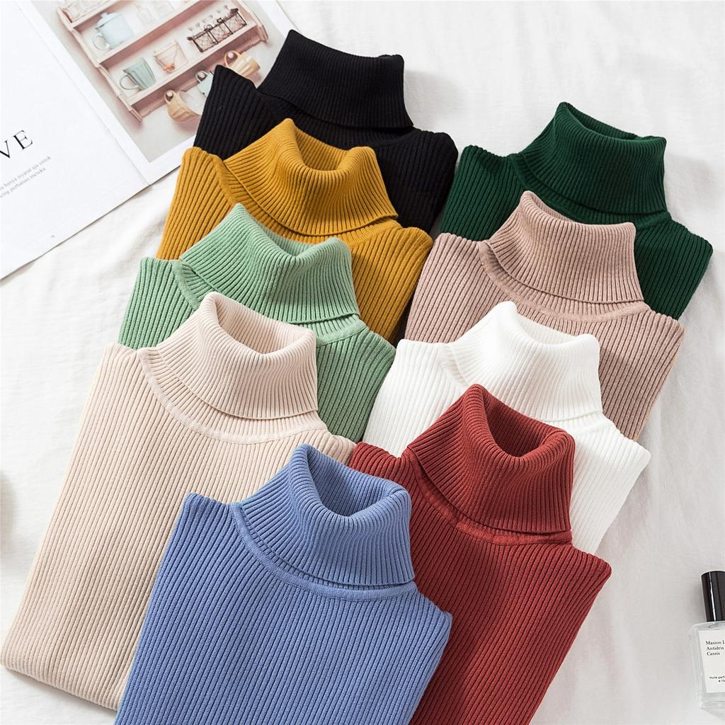 Women's Turtleneck Knit Sweater Slim Fit Solid Color Long Sleeve Thermal Base Layer Top For Autumn Winter