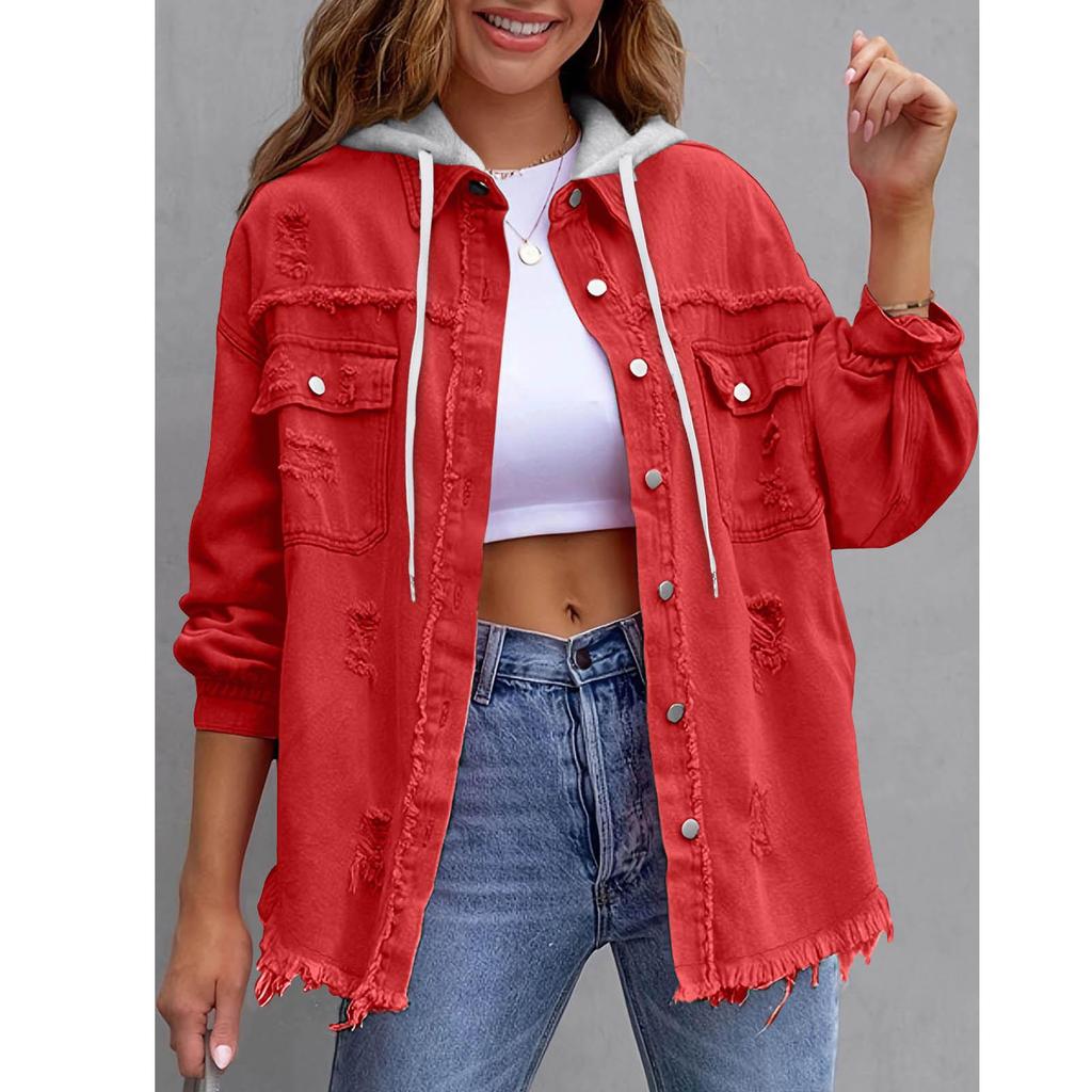 New Denim Hooded Jacket, Women's Solid Color Loose Jacket, Ripped Long-sleeved Women's Denim Shirt