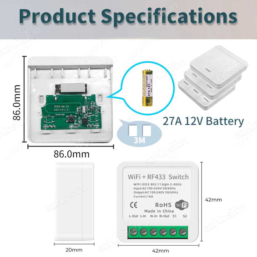 Tuya RF433MHz WiFi Smarter Schalter Kabelloser Fernbedienungs-Lichtschalter Relais-Controller Sprachsteuerung Funktioniert mit Alexa Google
