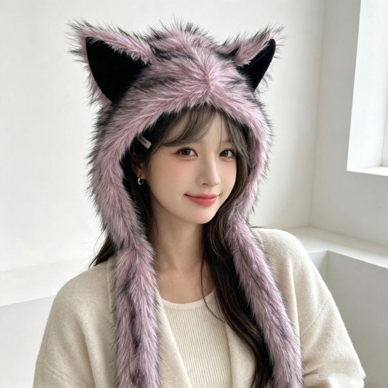 Plush Cats Ear Hat with Faux Furs Look Earflaps, Long Coverage Thick Warm Hat for Cold Weather Daily Outfit Styling, Outdoor Activity